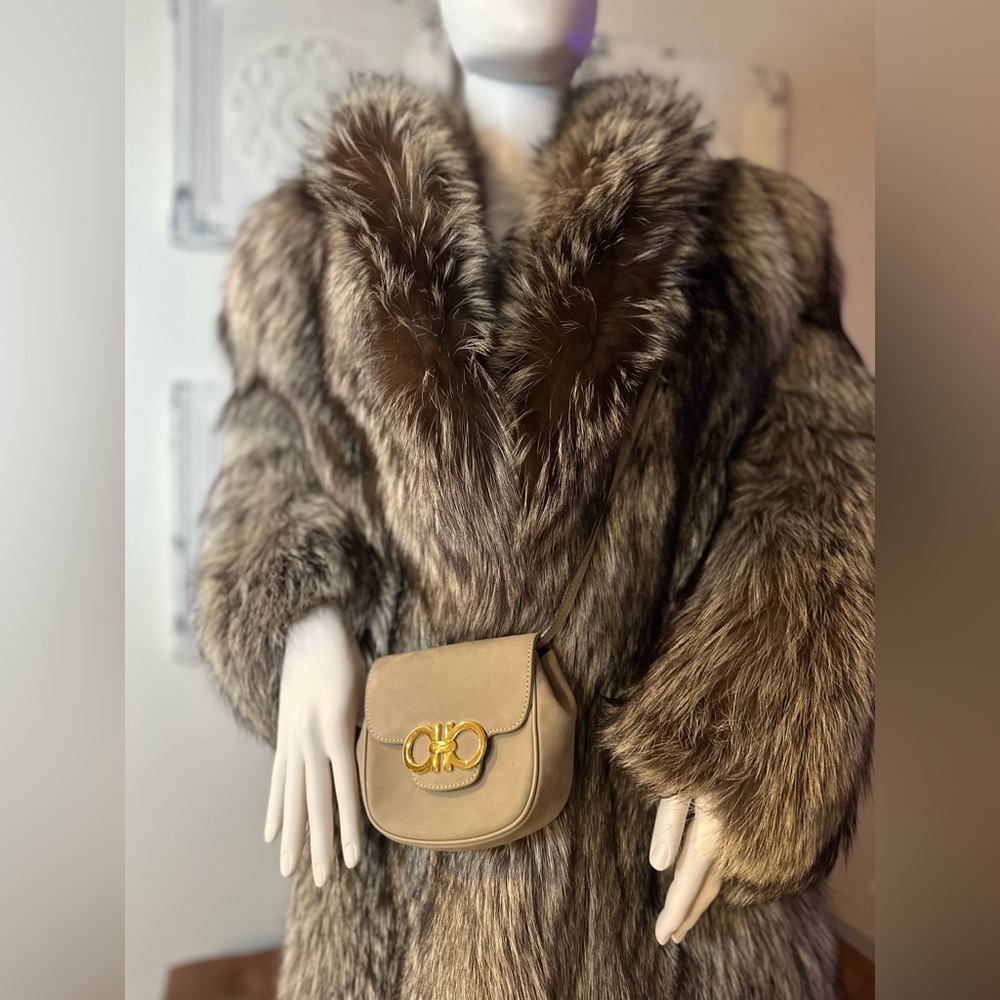 Authentic Salvatore Ferragamo Gancini Beige Suede Crossbody Bag w/COA